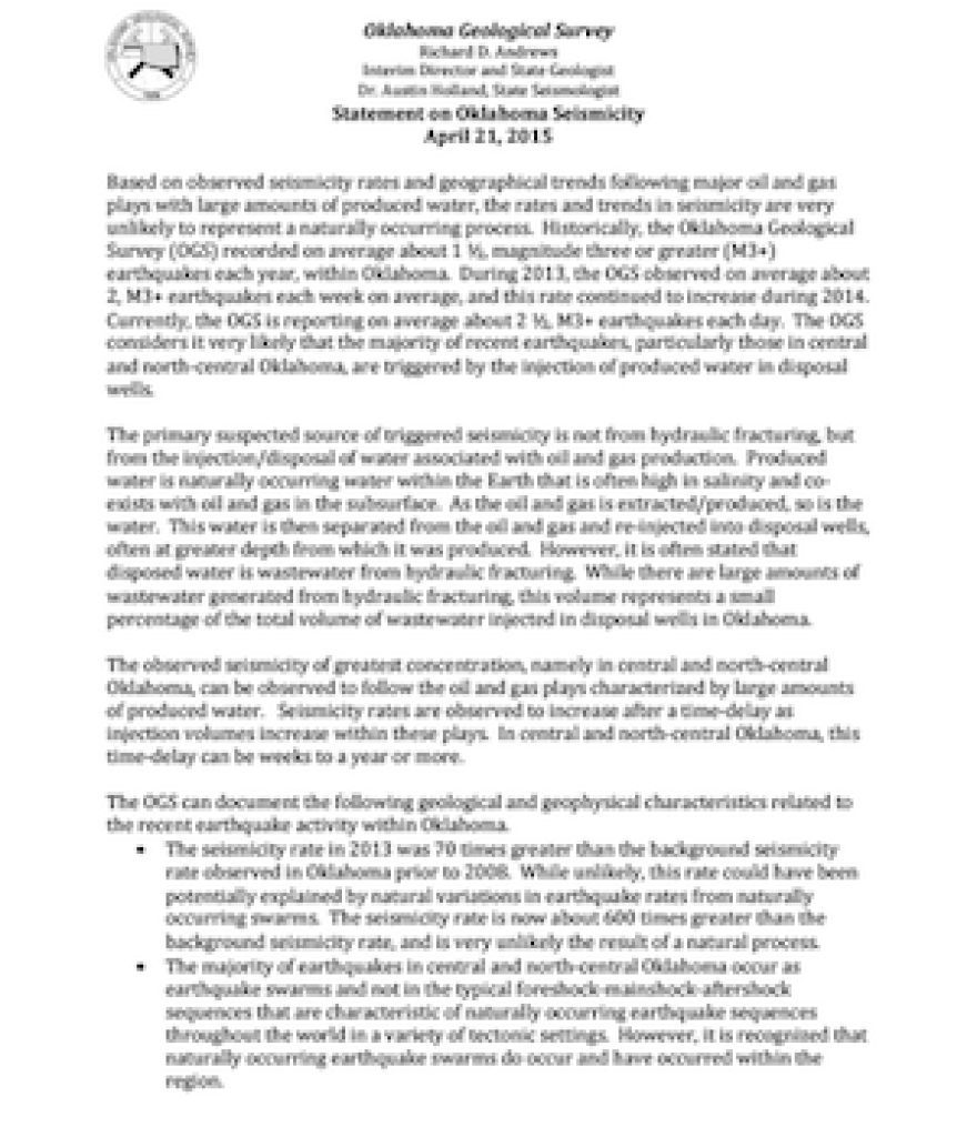 Click here to read the April 21, 2015 statement by the Oklahoma Geological Survey.